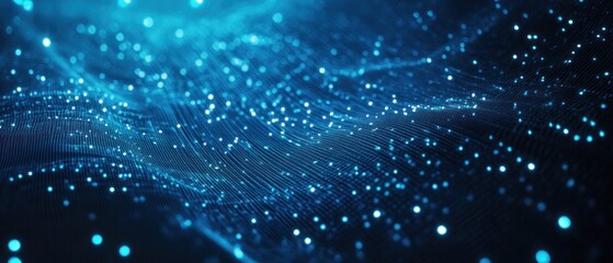 Obraz premium Abstract digital representation of flowing particles and waves in a blue environment.