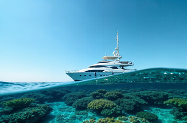 Naklejka premium Ship yacht on surface of ocean water, sea corals underwater. AI Generative