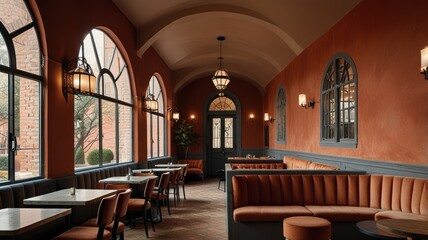 Here's a description and keywords for your stock photo.. Elegant indoor restaurant hallway with arched windows, terracotta walls, plush seating, and marble tables.