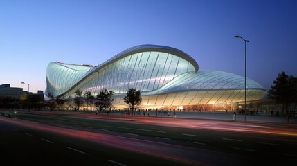A modern architectural building with a flowing design, illuminated at dusk.