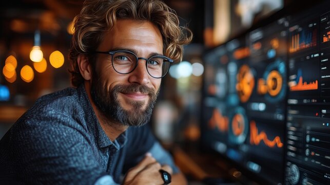 Professional Man with Glasses Smiling while Working on Computer in a Modern Office with Data Visualization and Analytics Screens in the Background