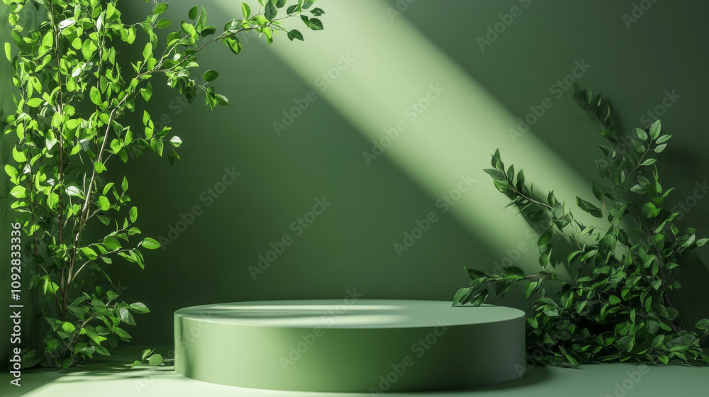 Poster Green product display background podium table stage with foliage and leaves. Green background nature concept minimalism showcase template for advertisement and design