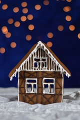 home made gingerbread house with bokeh sky out of blue velvet and christmas lights