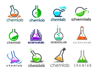 Science lab icons, chemical laboratory research, biotechnology and biology vector symbols. Laboratory glass flask, test tubes and beakers signs. Color lab glass with bubbles, drops and swirls