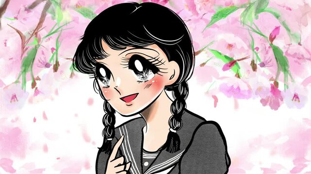 おさげ髪にセーラー服の昭和レトロ少女漫画風女子高生と桜が舞う卒業式背景のアニメ