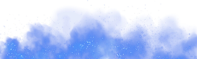 Fantastic blue smoke background. Magic blue smoke with glitter and small particles of twinkling stars. Fog with luminous particles. Blue vapor with stardust. Morning fog over land or water surface, ma