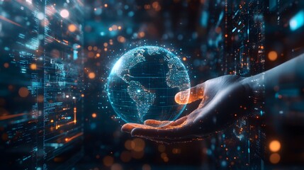 Fototapeta premium Digital technology background with a hand holding a blue globe and world map, symbolizing the global network of internet connections for online business and connectivity