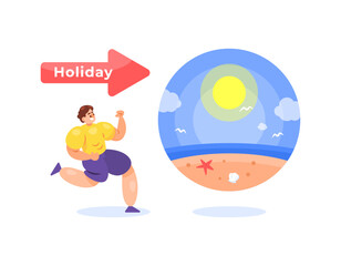 concept of vacation time. leave or go on holiday. ready for vacation. illustration of a worker or employee running towards the beach for healing. flat style design. elements
