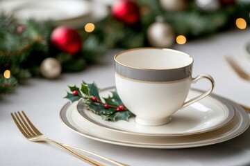 vintage holiday table, traditional holiday table setting with vintage china, cream, gold tones, and holly sprigs at each place setting for a classic touch