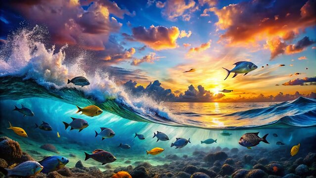 Mesmerizing Double Exposure Photography of 'De Pescadito' with a Harmonious Blend of Ocean Waves and Fish Silhouettes Evoking Nature's Beauty and Seafood Culture
