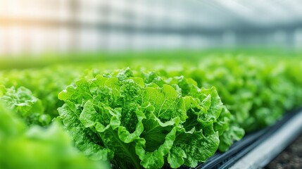 Fresh green lettuce thriving in a greenhouse, showcasing healthy growth and vibrant colors.