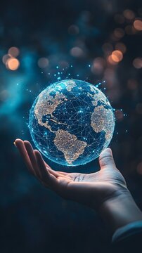 Digital technology background with a hand holding a blue globe and world map, symbolizing the global network of internet connections for online business and connectivity