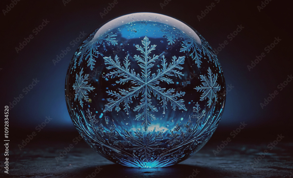 Poster large, clear glass ball with intricate snowflake designs etched into its surface. the snowflakes are