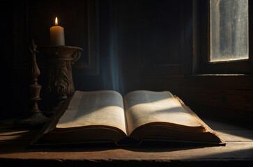 An old ancient open book laying on the table in a dim of light, blurry candle in the dark on the background. Christianity religion Holy Bible, Gospel, Testament, spiritual literature, sacred text.