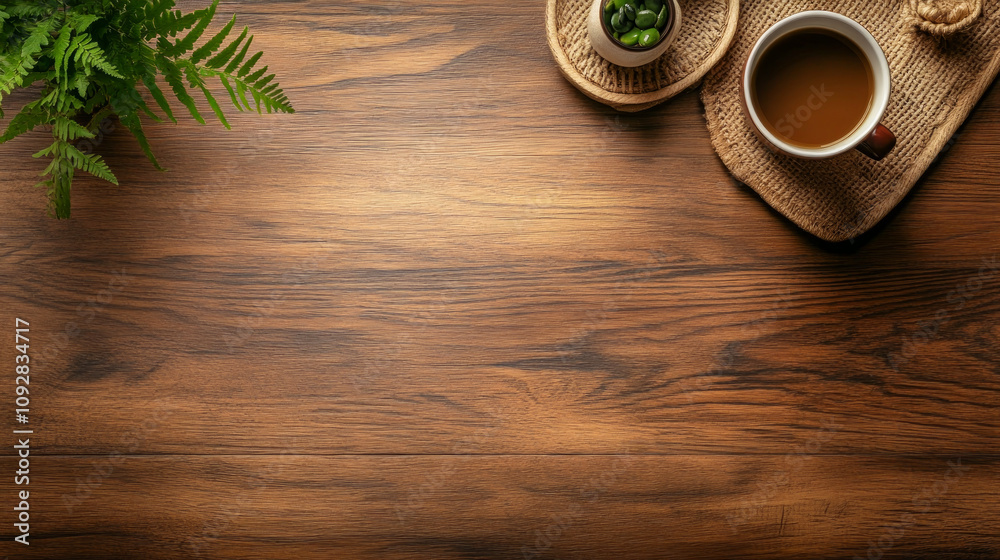 Poster Table top background. Wooden table mock up background minimalistic copy space countertop top view