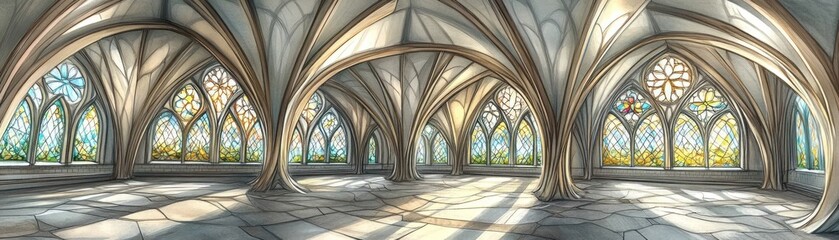 A serene interior of a grand, vaulted hall with stained glass windows and soft lighting.