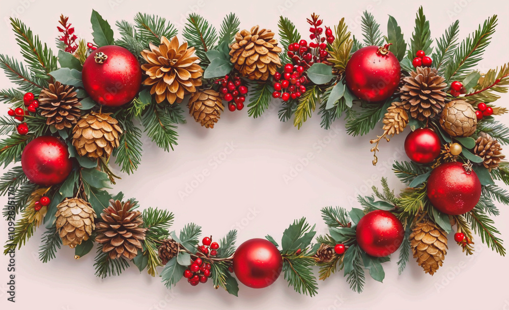 Poster beautiful wreath made of red and green pinecones and berries is displayed. the pinecones are arrange