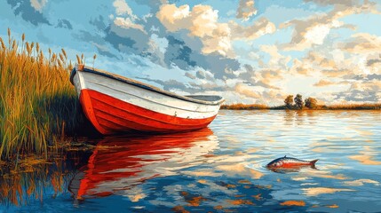 Serene Landscape with Red and White Boat on Tranquil Water Surrounded by Lush Reeds and a Fish Swimming Under a Vibrant Sky with Puffy Clouds