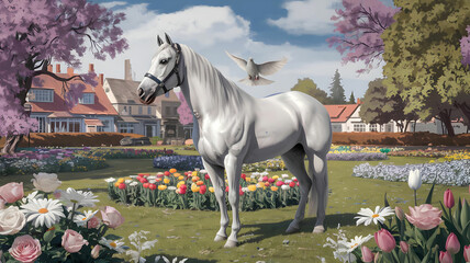 A white horse is standing in a park full of flowers and a beautiful dove is sitting on top of it