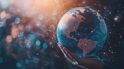 Digital technology background with a hand holding a blue globe and world map, symbolizing the global network of internet connections for online business and connectivity