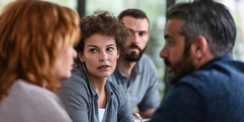 Fototapeta premium A captured moment of four individuals engaged in a deep conversation, highlighting emotional expressions and the connections made during meaningful discussions.