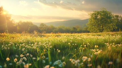 A serene landscape featuring a field of flowers under a warm sunset, surrounded by rolling hills and trees.
