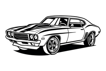 Classic muscle car silhouette in black and white vector illustration