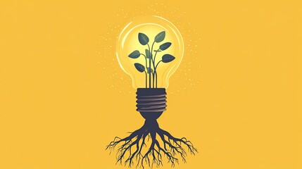 Bright light bulb with roots, ideas taking root and growing, flat design illustration 