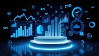 Sleek podium amidst a galaxy of vibrant data visualizations – Where statistics come to life in a futuristic showcase