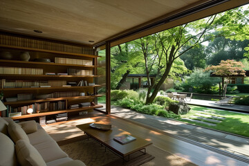 Open-plan living room interior with modular furniture in neutral tones, minimalist shelving, and large sliding doors opening to a serene garden.
