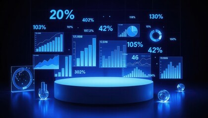 Sleek podium amidst a galaxy of vibrant data visualizations – Where statistics come to life in a futuristic showcase