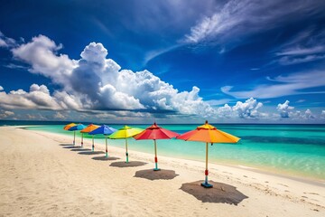 Fototapeta premium Minimalist Beach Scene with Colorful Umbrellas on Bantayan Island, Philippines - A Serene Coastal Escape with Soft Sands and Clear Blue Waters for Tranquil Vacation Vibes