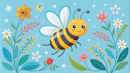 Minimalist Bee Cartoon Flying Through a Clear Blue Sky with Delicate Floral Elements, Perfect for Nature and Children's Themes in Digital Art and Illustration Projects