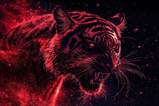 Fierce red tiger in a cosmic backdrop
