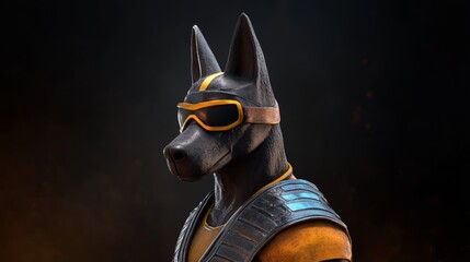 Cool anthropomorphic dog character wearing sunglasses and military-style gear in a futuristic setting