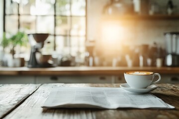 Fototapeta premium A latte with creamy art sits on a wooden table beside a newspaper in a cozy, sunlit cafe, reflecting comfort, relaxation, and morning rituals.