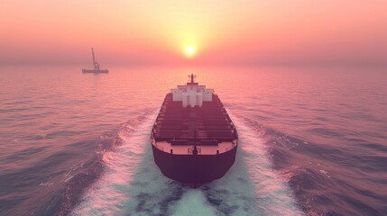 Fototapeta premium Cargo ship navigation in pastel 3D render, Import-export logistics, cargo ship is running with beautiful waves, top view