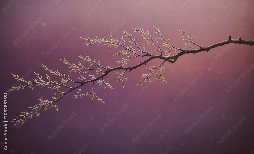 Poster Branch of a tree with a purple background. The branch is covered in snow. The snow is white and the branch is bare