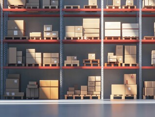 Efficient storage system, tall shelves filled with boxes, clean warehouse setup