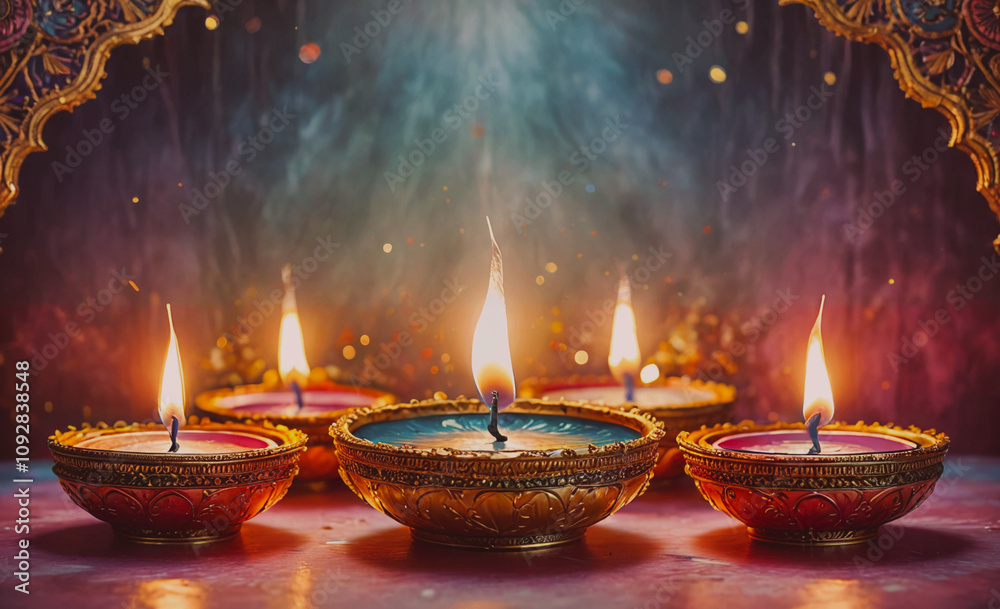 Poster group of five candles are lit and placed in a gold bowl. the candles are evenly spaced and the bowl 