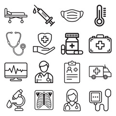16 Medical outline vector icon set : Stethoscope, Syringe, Pill Bottle, First Aid Kit, Heart Rate Monitor, Thermometer, Blood Pressure Monitor, Hospital Bed, Doctor, Nurse.