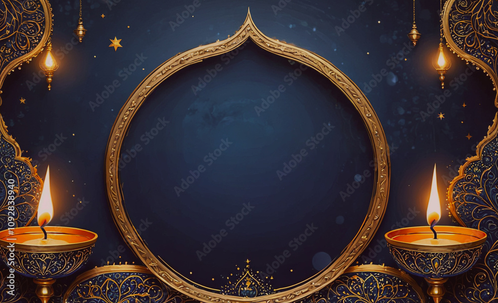 Poster blue background with a gold frame and two lit candles. the frame is a circle