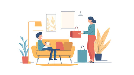 Modern Furniture Arrangement Concept with Woman and Boy in Living Room