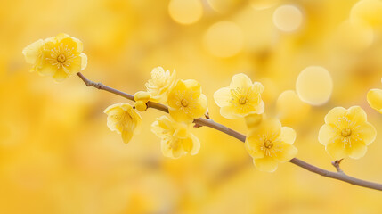 Branch with yellow apricot or cherry flowers on a yellow defocused background. Bokeh and lights. Tet, Lunar New Year or Chinese New Year card. Spring flowers.