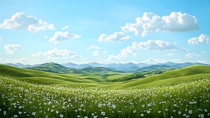 A sweeping landscape with vibrant green rolling hills