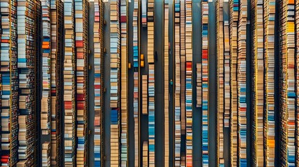 Aerial view of large distribution center, rows of shelves, organized logistics
