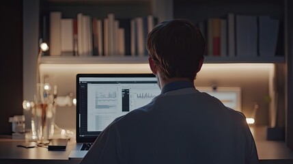 Doctor accessing patient data on laptop, innovative healthcare solutions, medical technology, back angle 