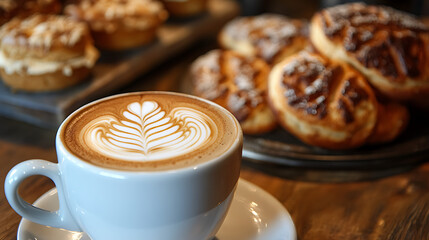 A close-up of a barista preparing a cup of freshly roasted coffee, with a selection of baked goods in the background 