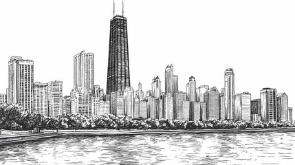 Black and white detailed sketch of a city with skyscrapers, view from the water