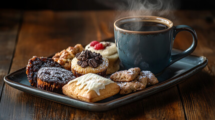 A steaming mug of coffee accompanied by a plate of assorted pastries, including cookies, muffins, and Danish pastries 